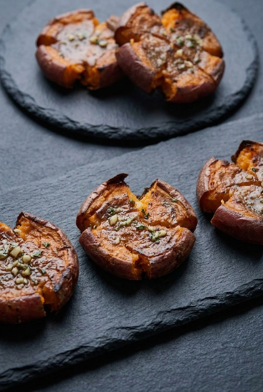 crispy smashed sweet potatoes dinner scene