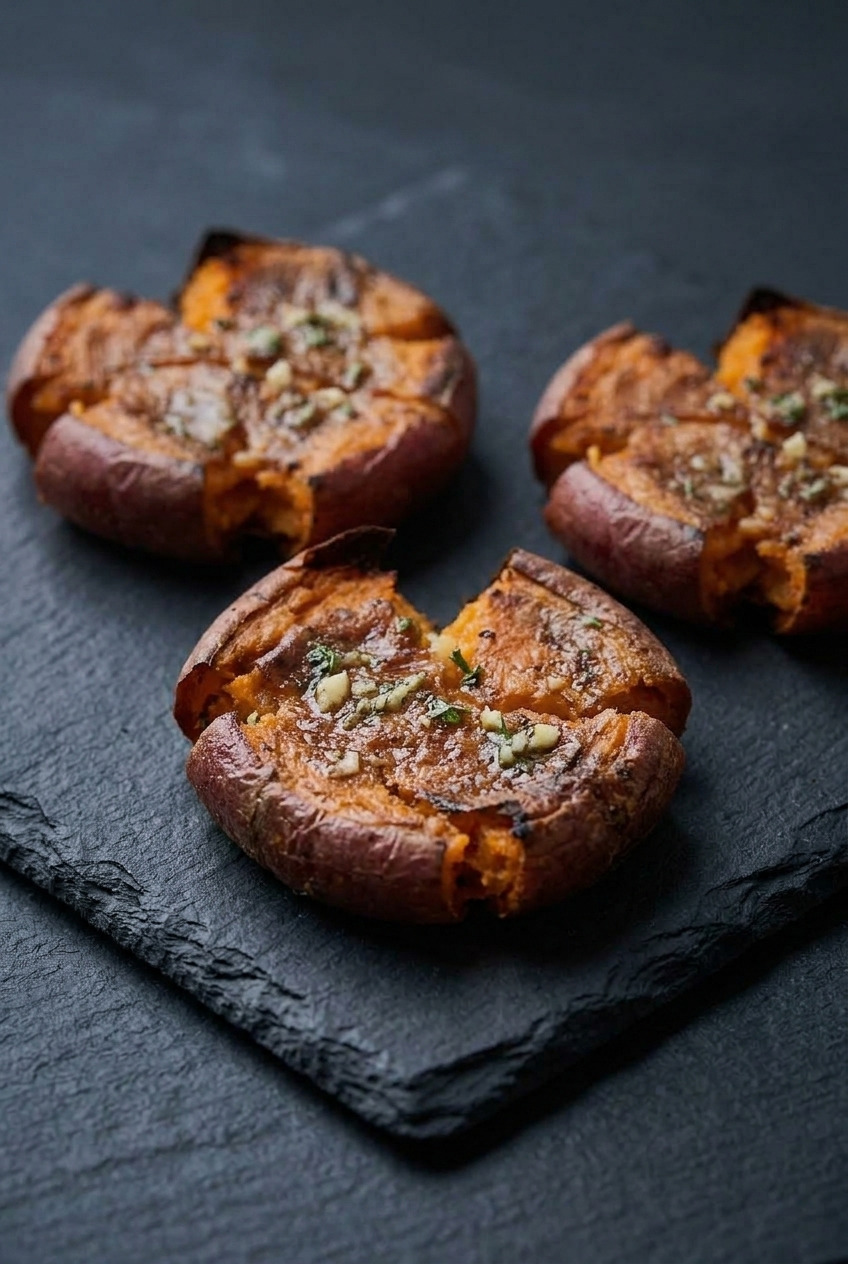 crispy smashed sweet potatoes side view