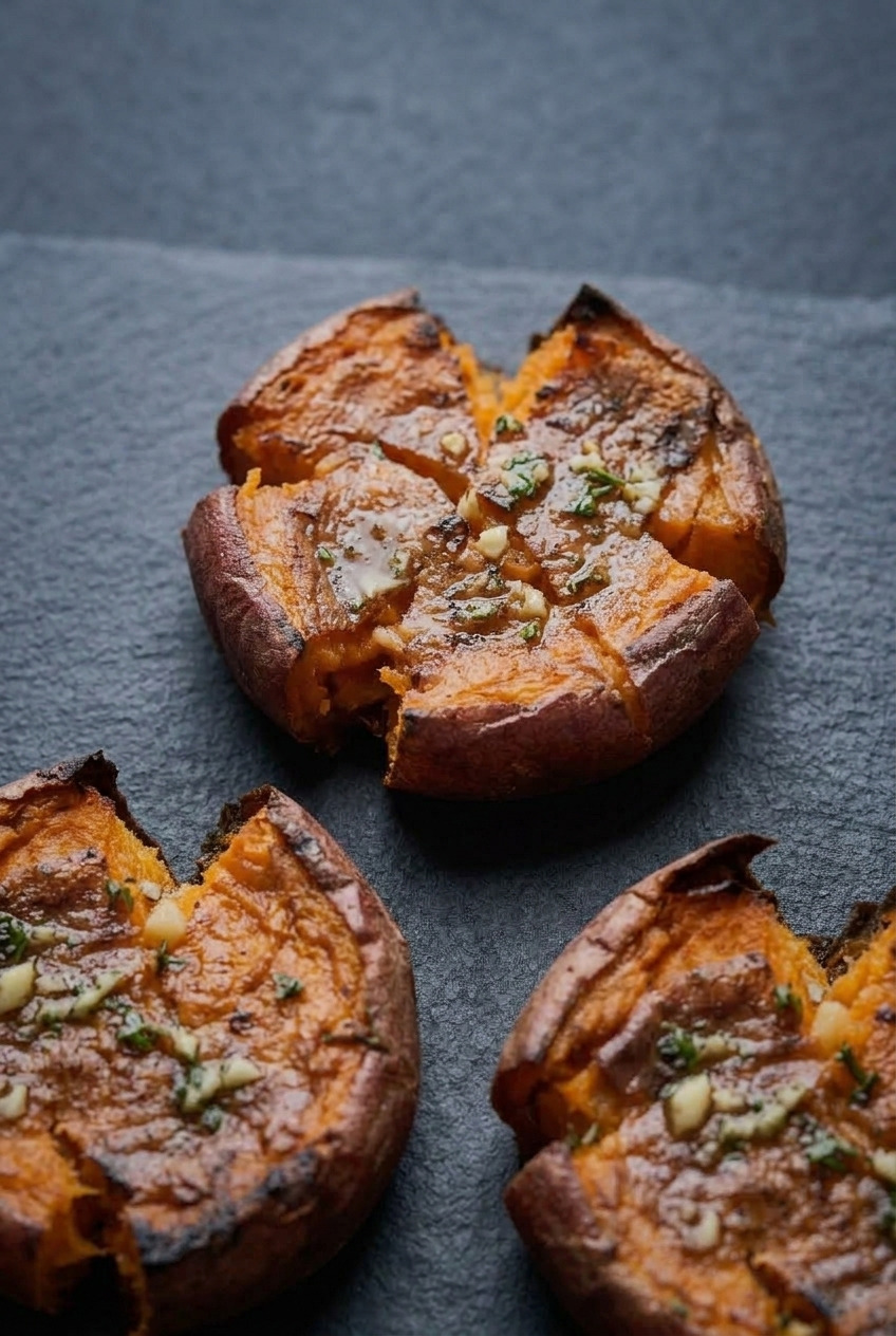 crispy smashed sweet potatoes served