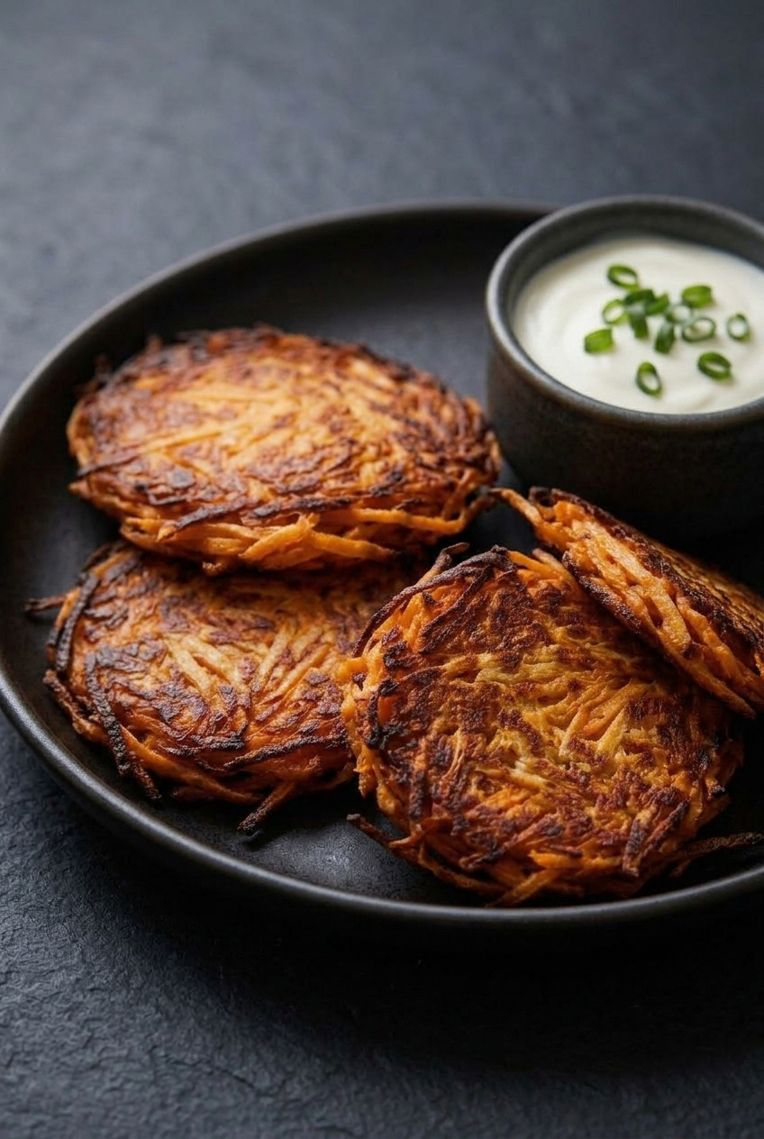 crispy sweet potato rosti side view