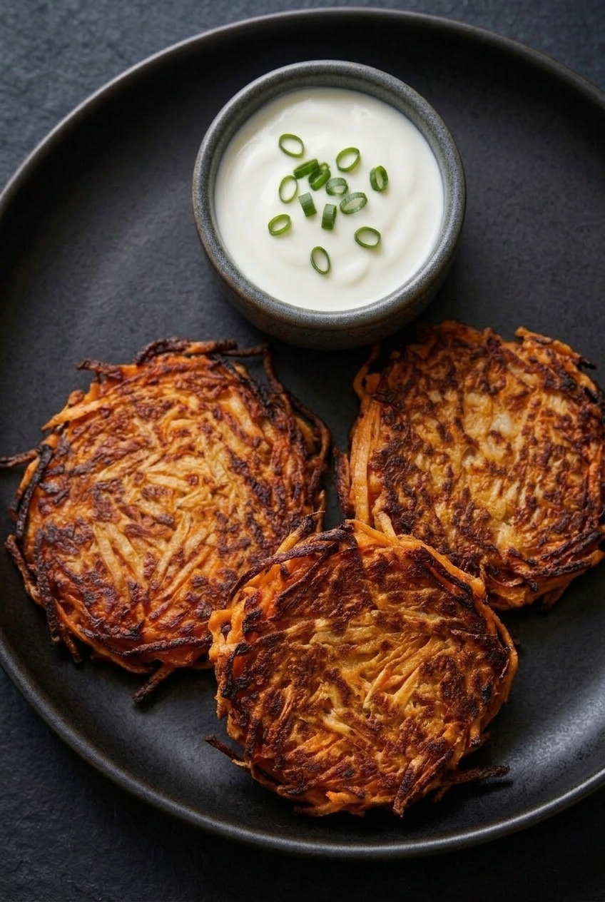 crispy sweet potato rosti served