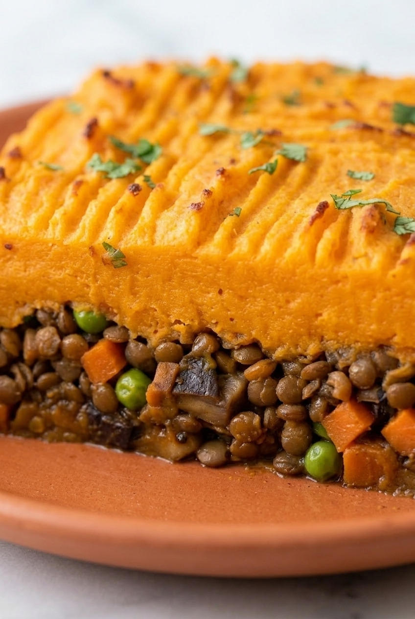 curried sweet potato shepherds pie with lentils close up