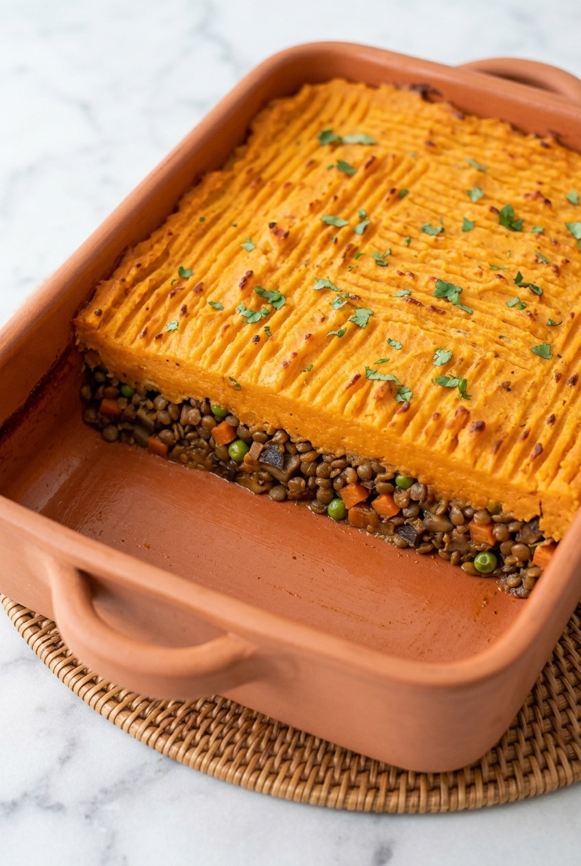 curried sweet potato shepherds pie with lentils
