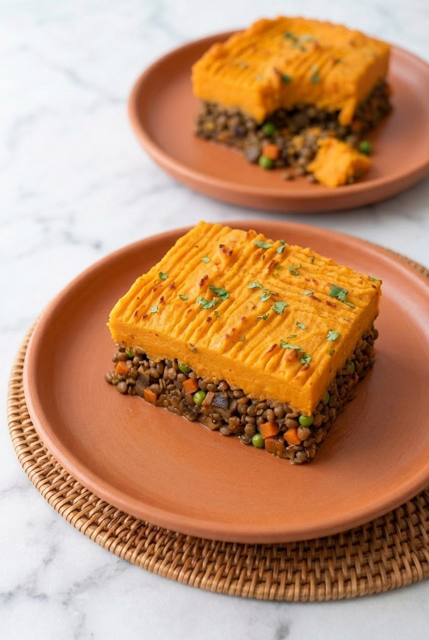 curried sweet potato shepherds pie with lentils dinner scene