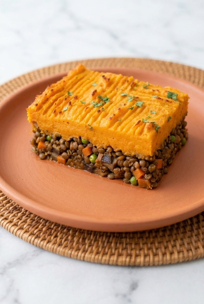 curried sweet potato shepherds pie with lentils side view
