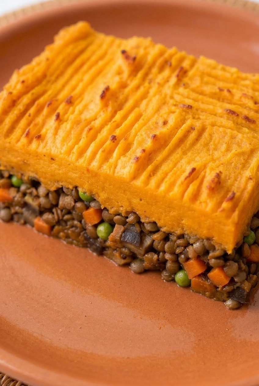 curried sweet potato shepherds pie with lentils served