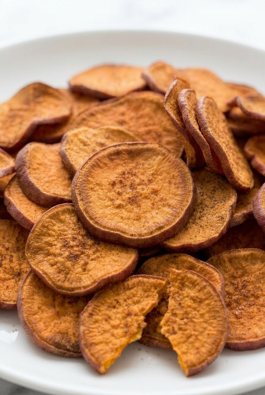 dehydrator sweet potato chips with cinnamon side view
