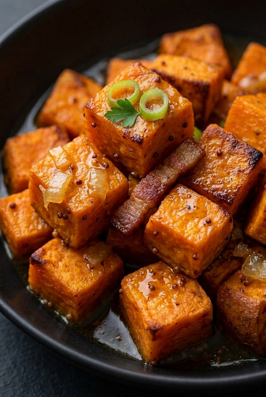 germanstyle sweet potato salad with warm bacon dressing close up