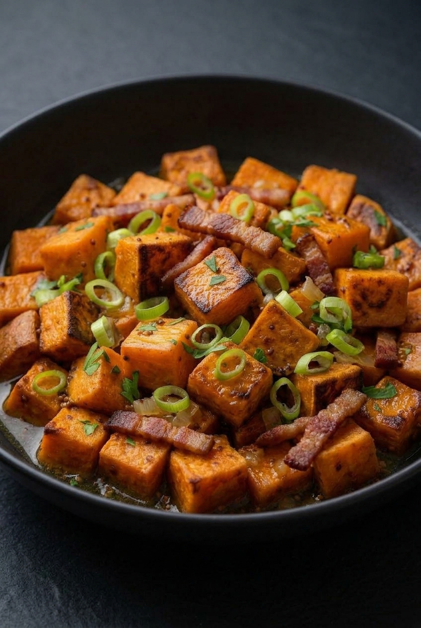 germanstyle sweet potato salad with warm bacon dressing side view
