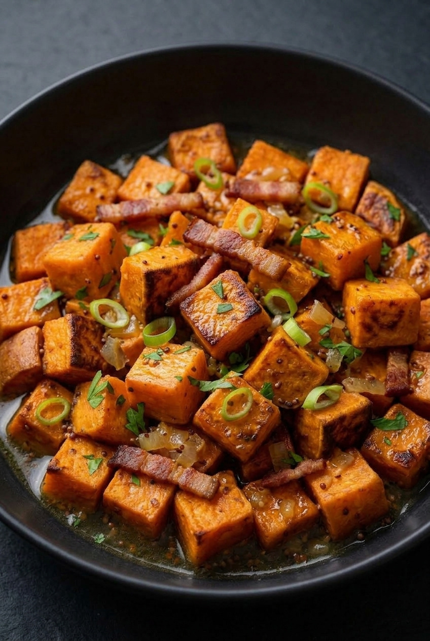 germanstyle sweet potato salad with warm bacon dressing served