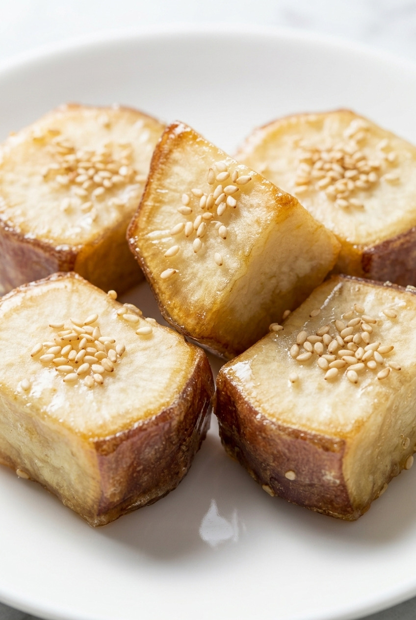 goguma mattang korean candied sweet potatoes served