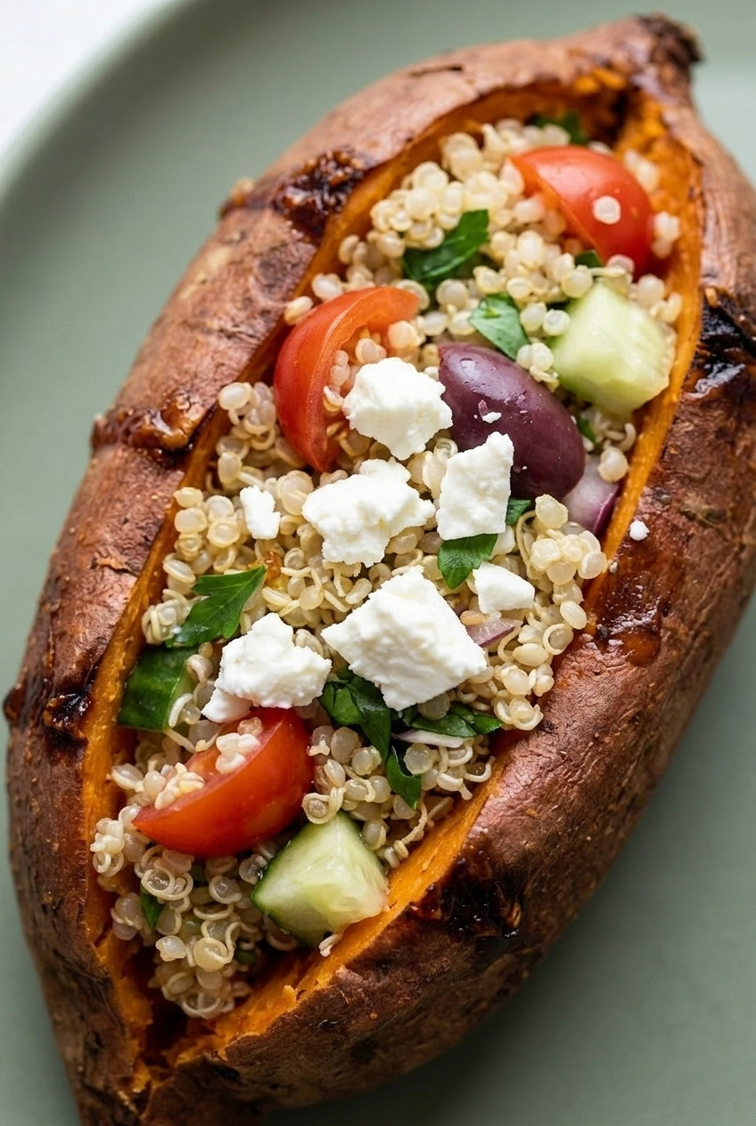 greek stuffed sweet potatoes with quinoa and feta close up