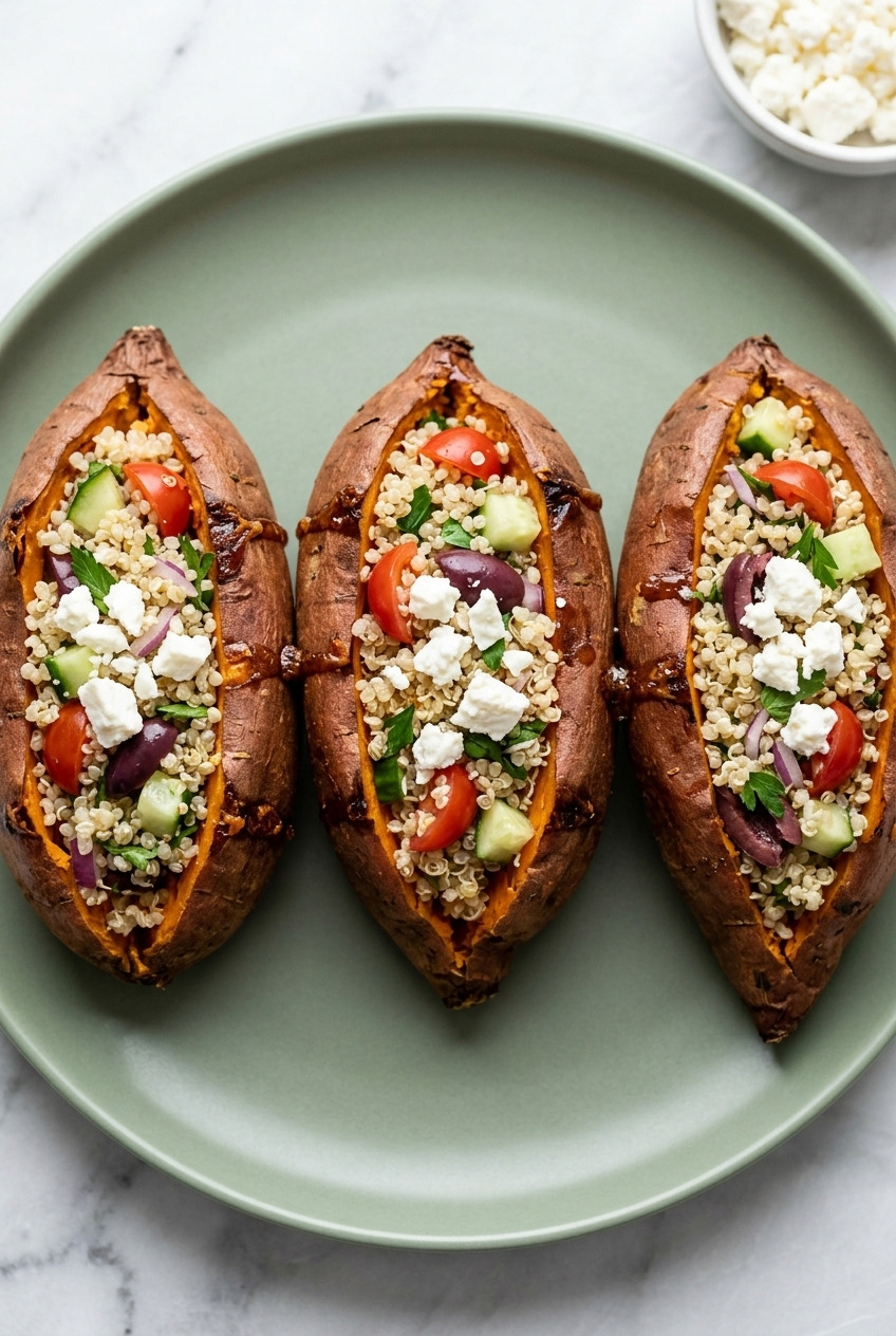 greek stuffed sweet potatoes with quinoa and feta