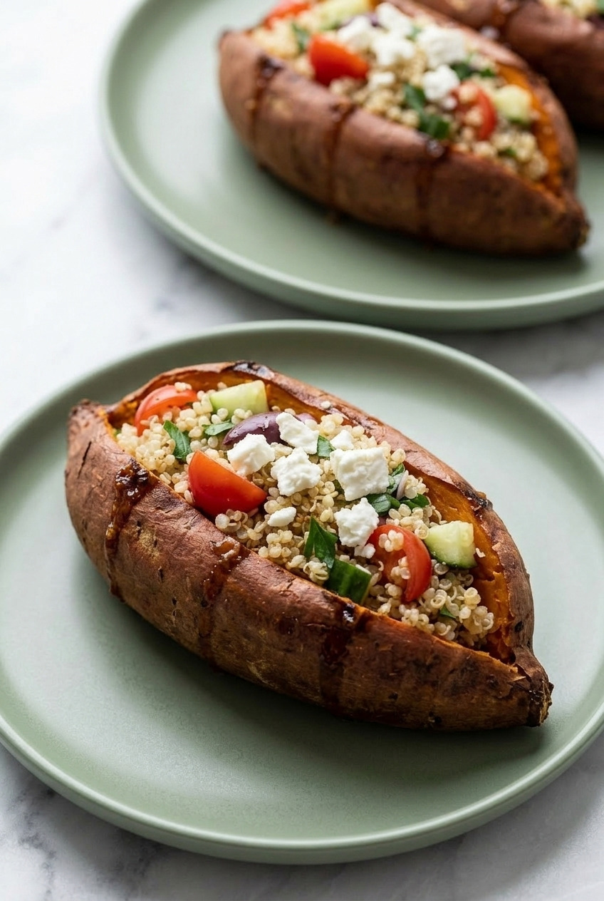 greek stuffed sweet potatoes with quinoa and feta dinner scene