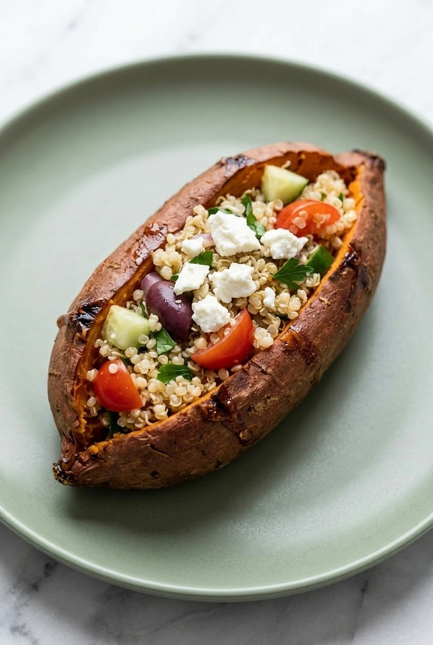 greek stuffed sweet potatoes with quinoa and feta side view