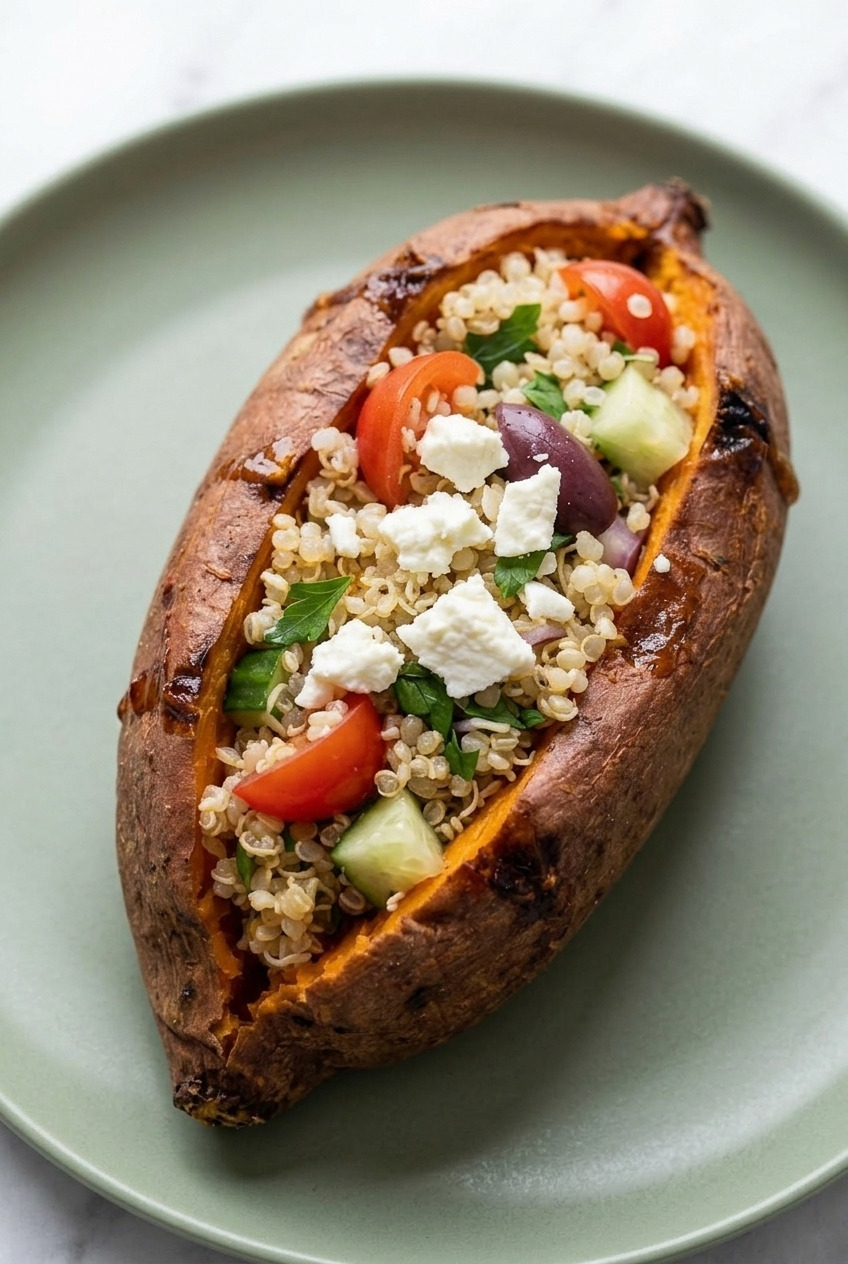 greek stuffed sweet potatoes with quinoa and feta served