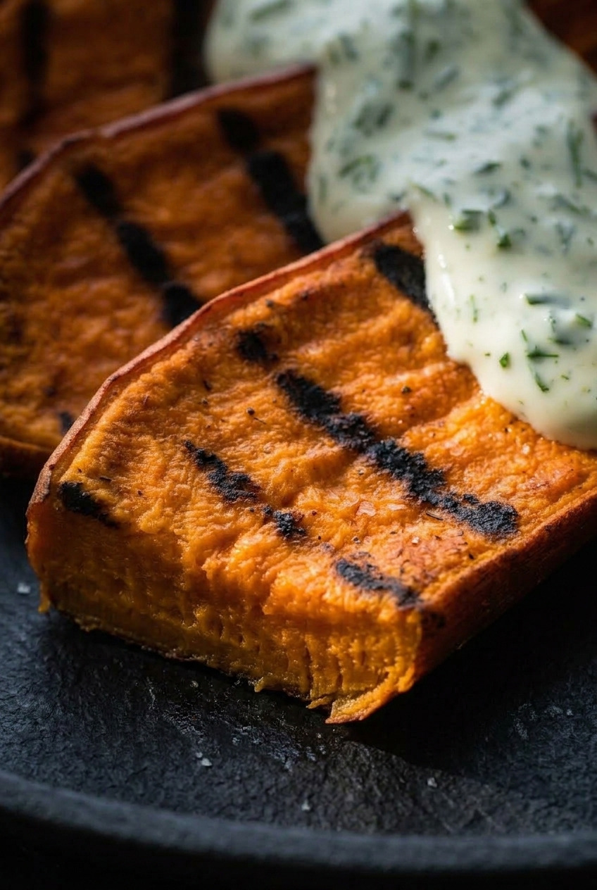 grilled sweet potatoes with garlicky herb sauce close up