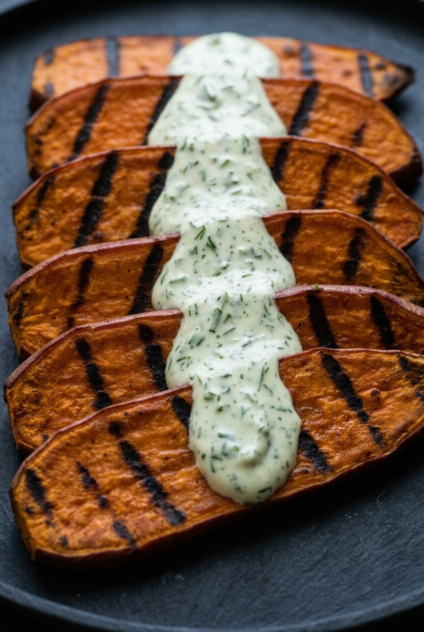 grilled sweet potatoes with garlicky herb sauce