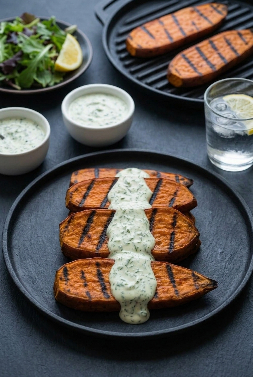 grilled sweet potatoes with garlicky herb sauce complete meal