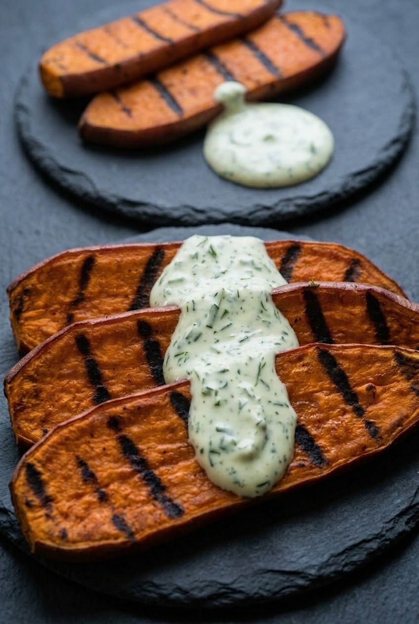 grilled sweet potatoes with garlicky herb sauce dinner scene