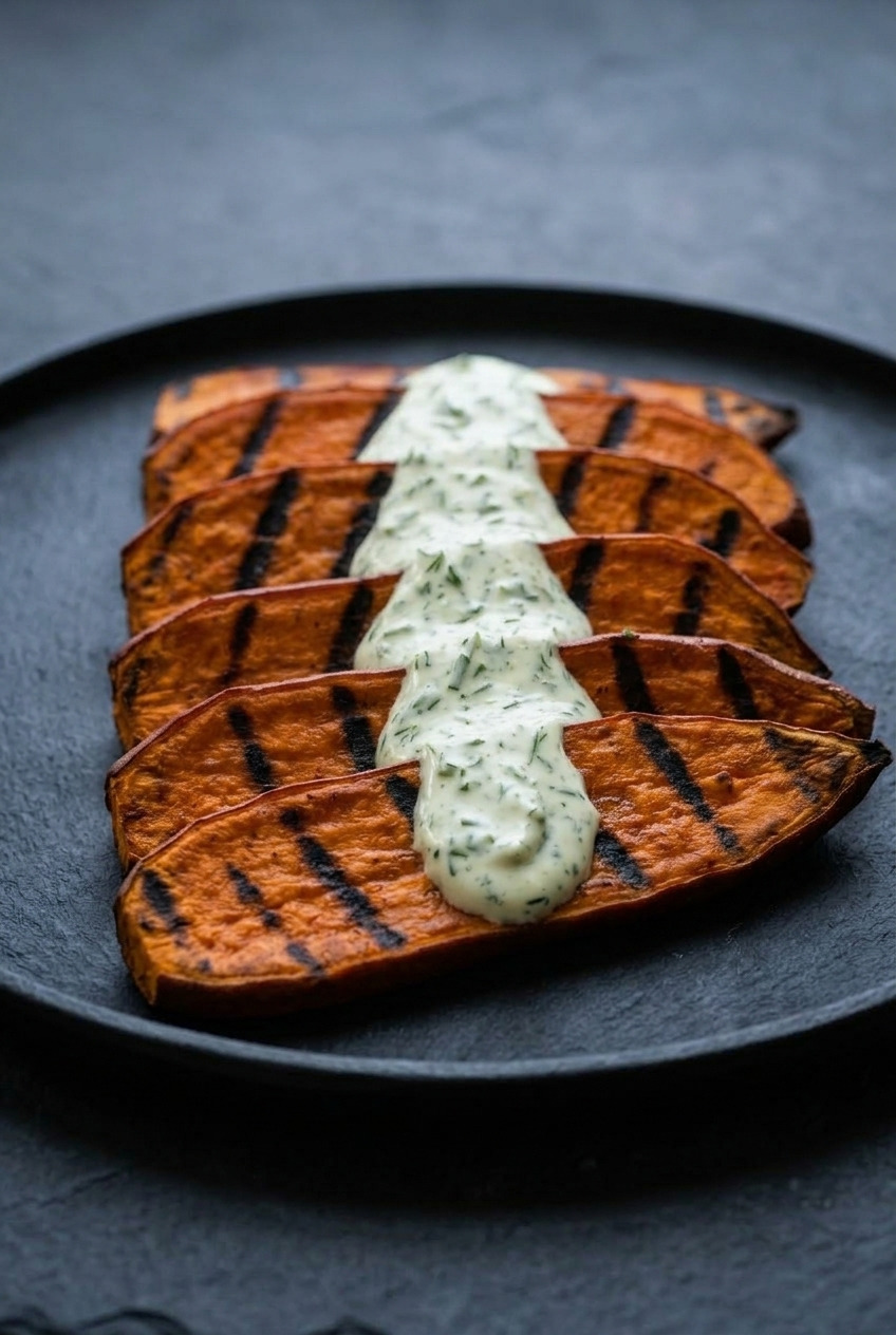 grilled sweet potatoes with garlicky herb sauce side view