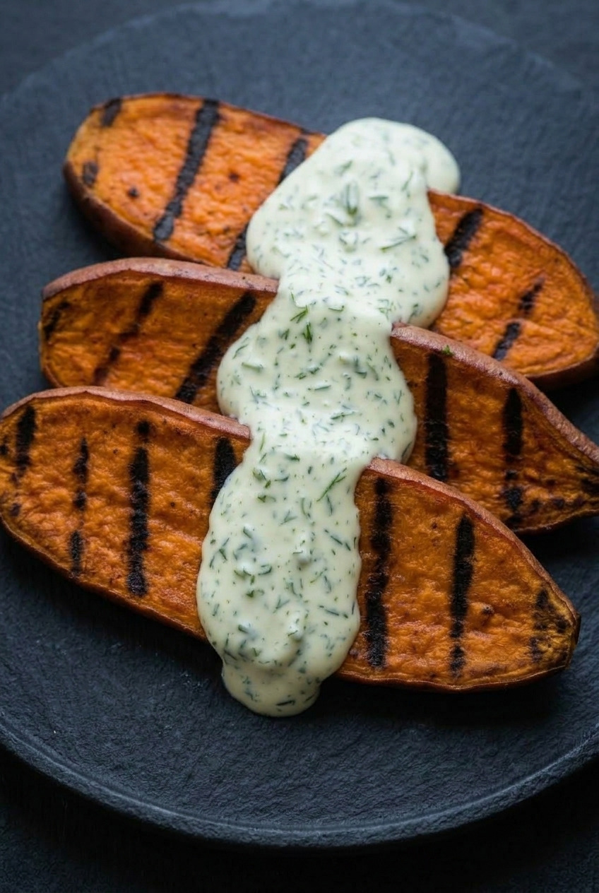 grilled sweet potatoes with garlicky herb sauce served