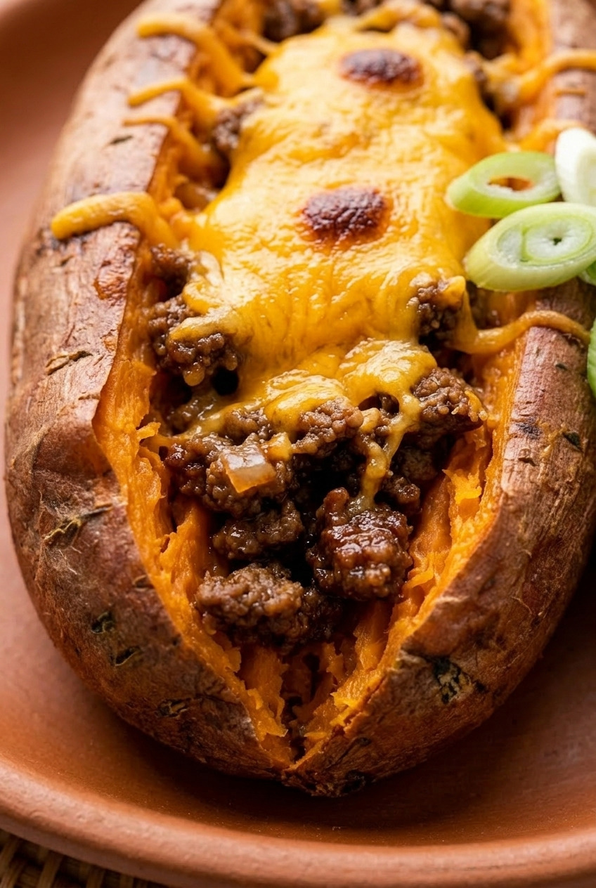 ground beef and cheddar stuffed sweet potatoes close up
