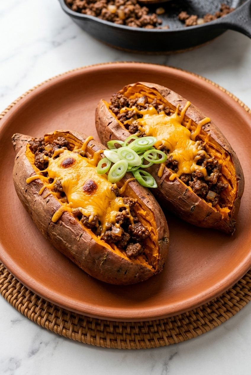ground beef and cheddar stuffed sweet potatoes