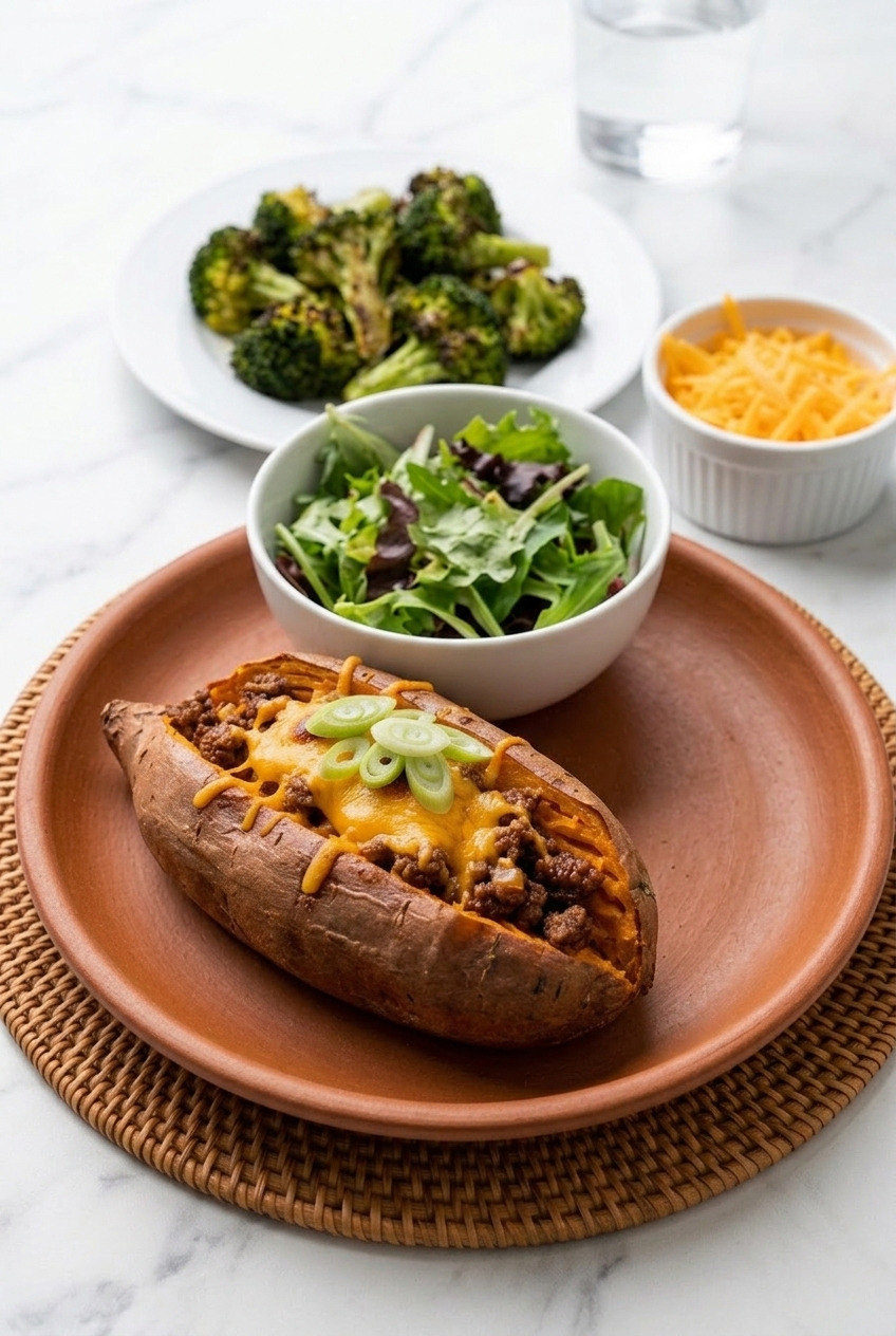 ground beef and cheddar stuffed sweet potatoes complete meal
