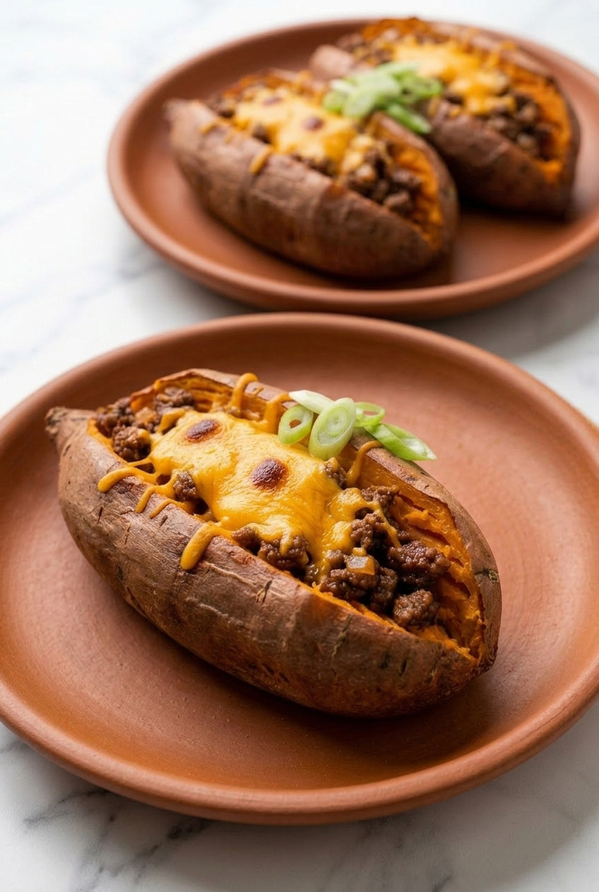 ground beef and cheddar stuffed sweet potatoes dinner scene