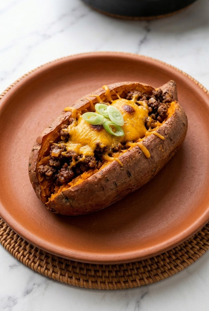 ground beef and cheddar stuffed sweet potatoes side view