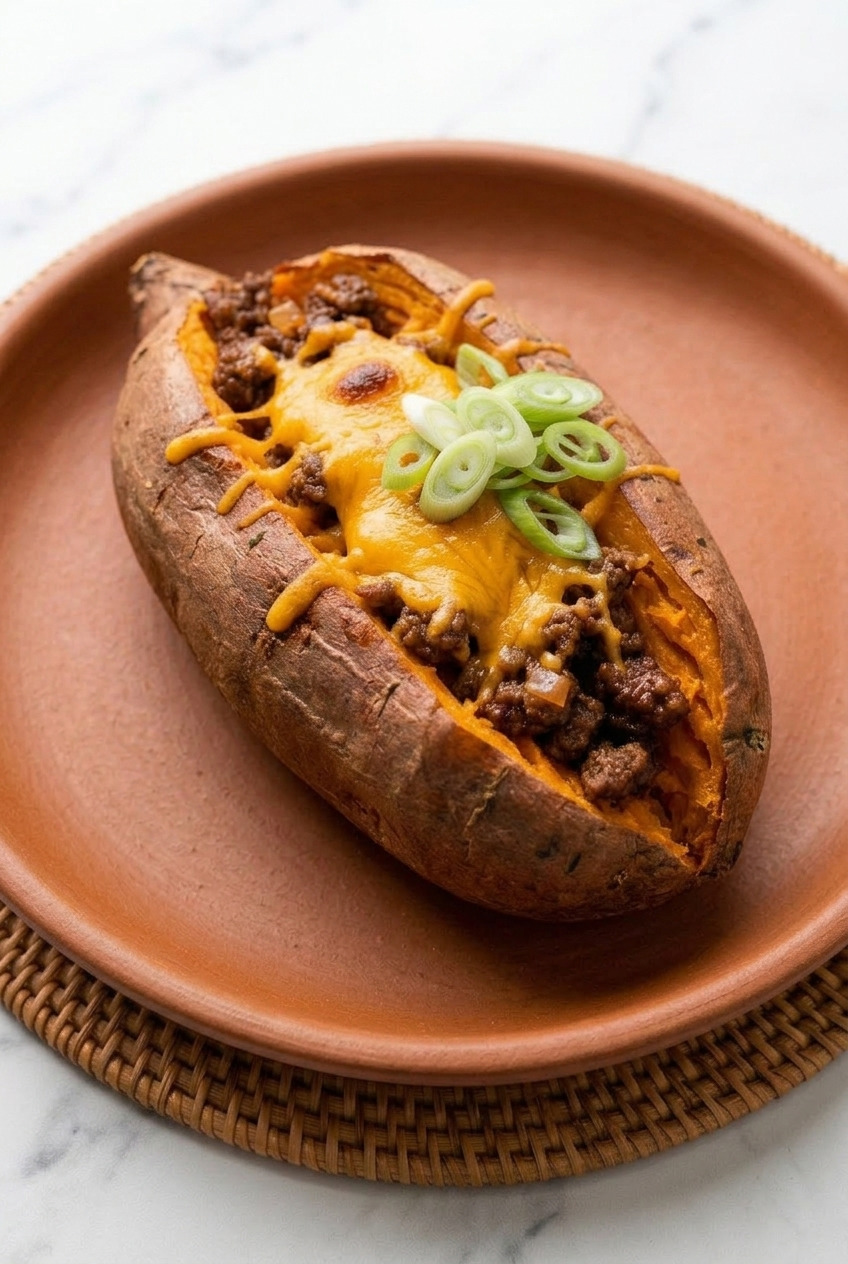 ground beef and cheddar stuffed sweet potatoes served
