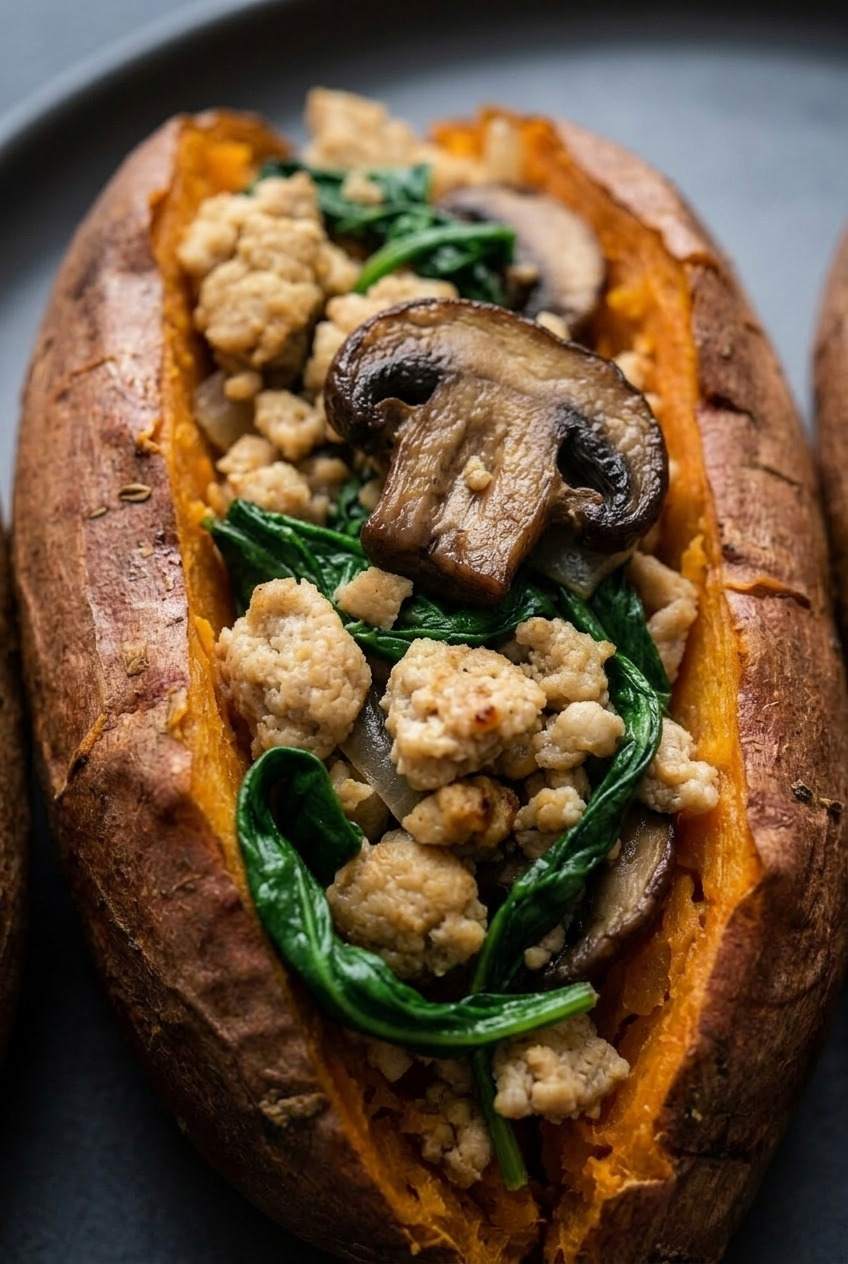 ground turkey mushroom and spinach loaded sweet potatoes close up