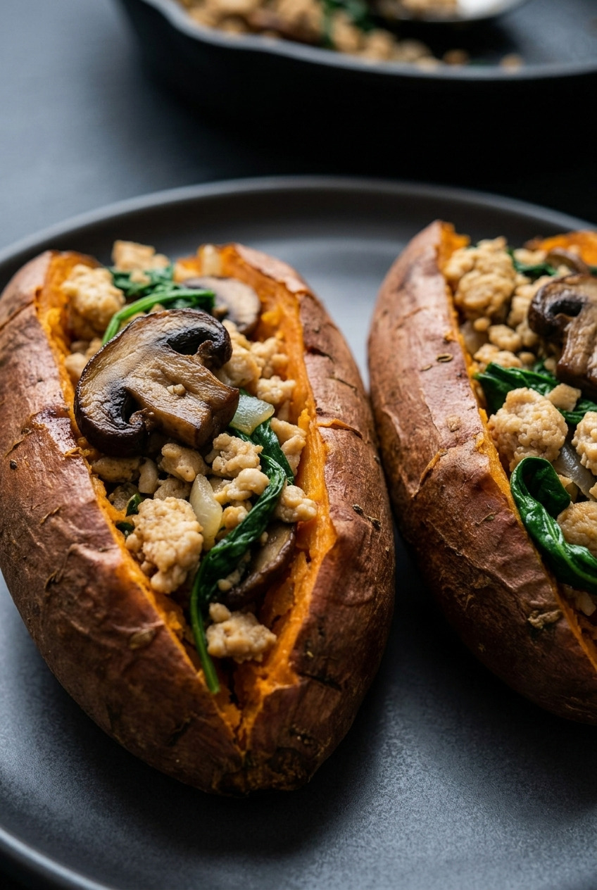 ground turkey mushroom and spinach loaded sweet potatoes