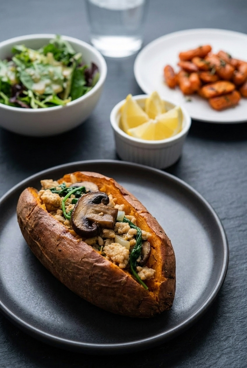 ground turkey mushroom and spinach loaded sweet potatoes complete meal