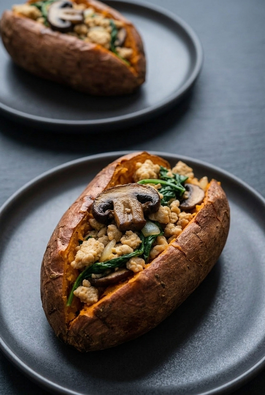 ground turkey mushroom and spinach loaded sweet potatoes dinner scene