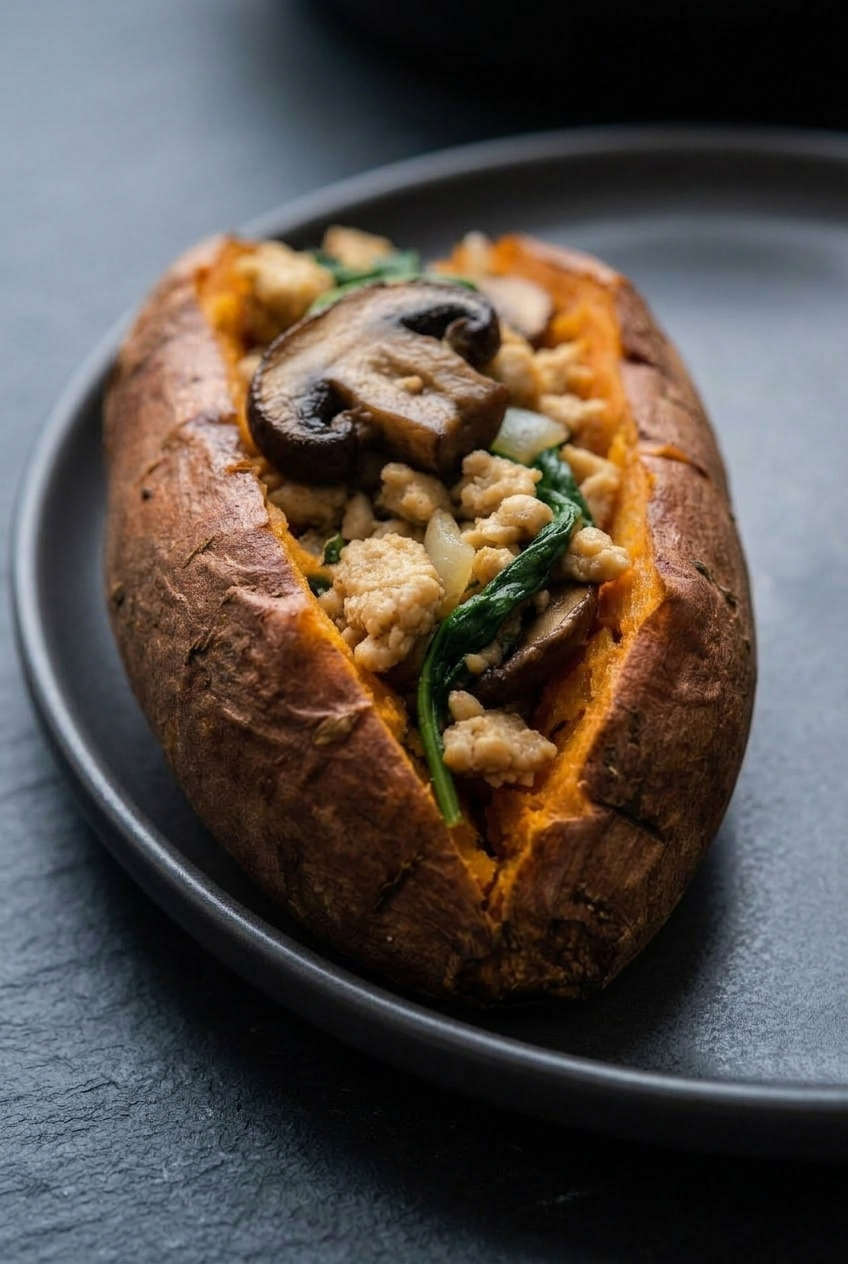 ground turkey mushroom and spinach loaded sweet potatoes side view