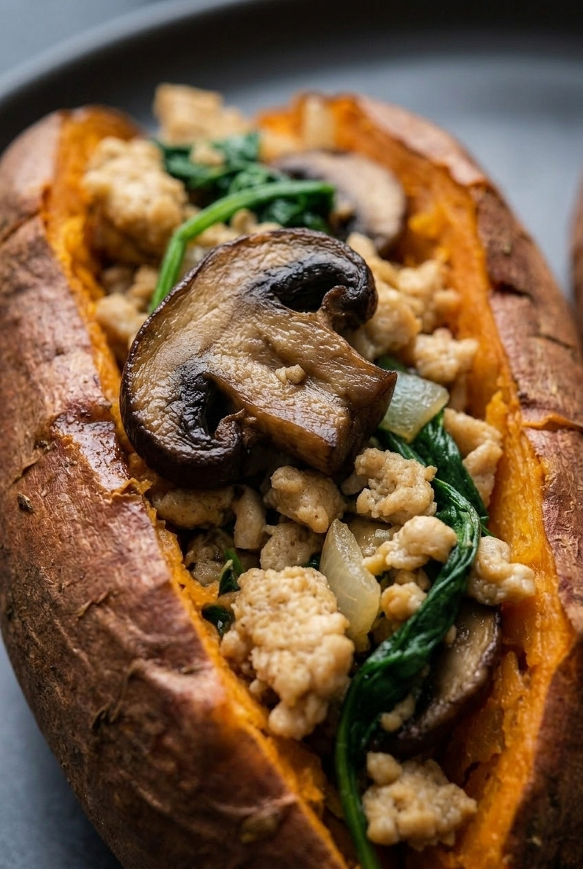 ground turkey mushroom and spinach loaded sweet potatoes served
