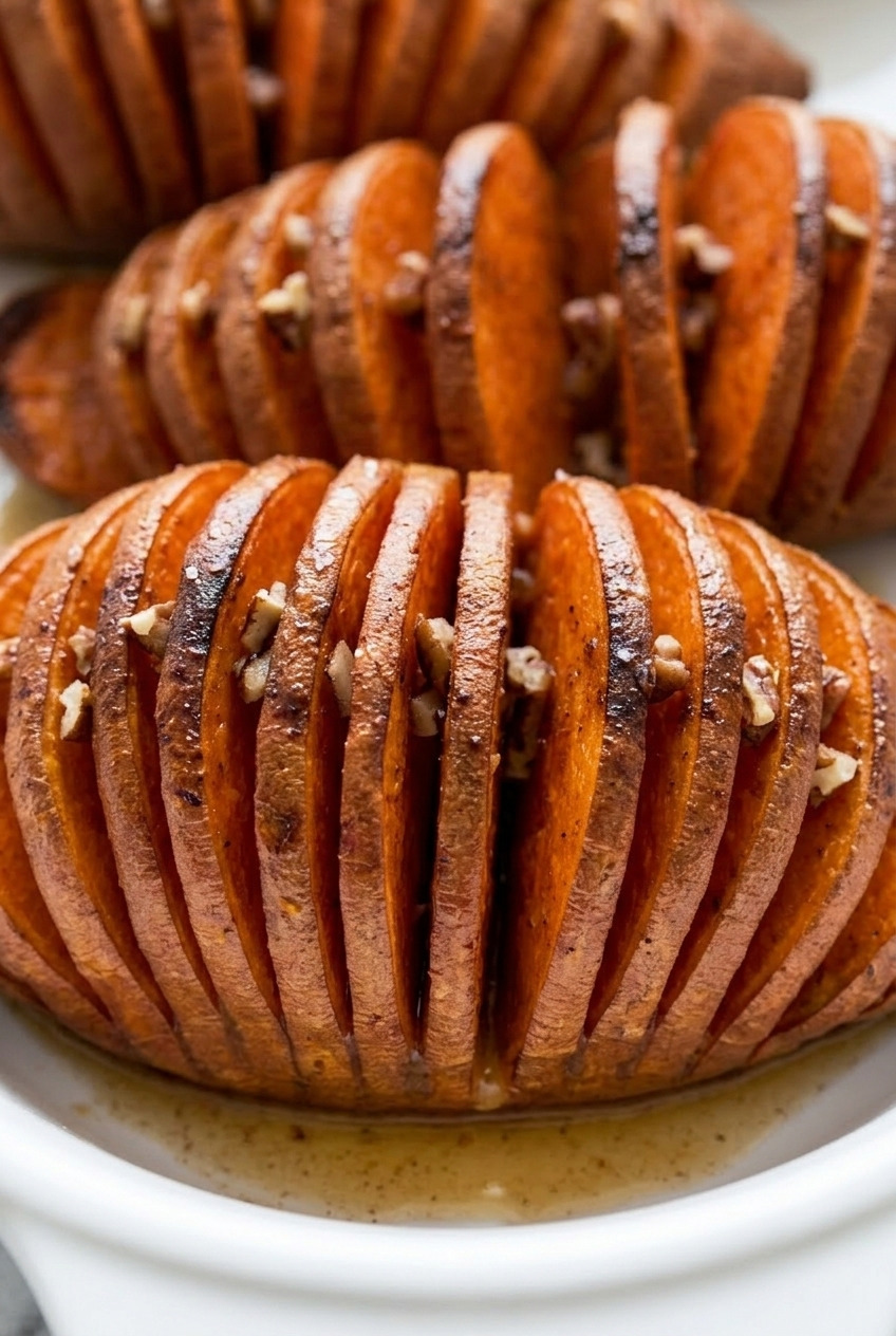 hasselback sweet potatoes with maple cinnamon butter close up