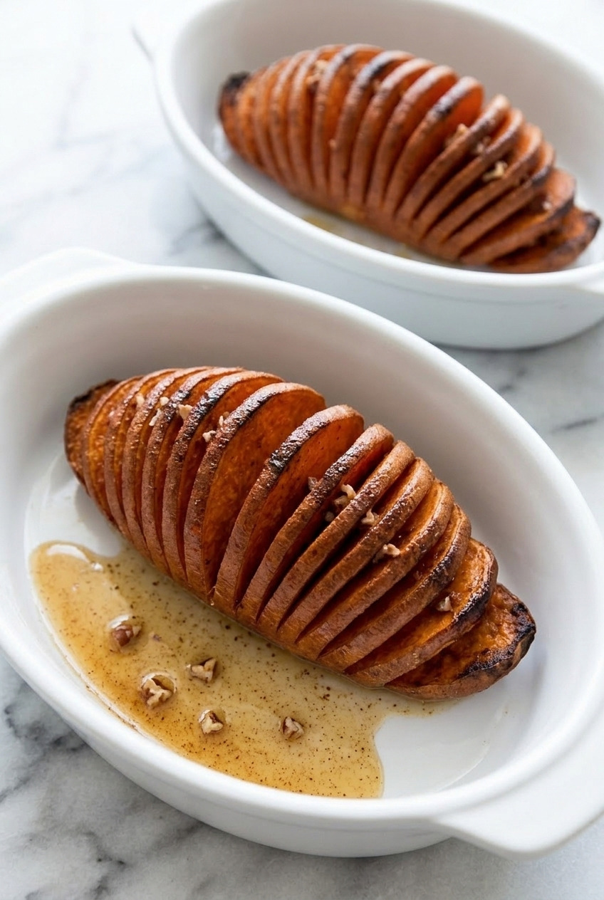 hasselback sweet potatoes with maple cinnamon butter dinner scene