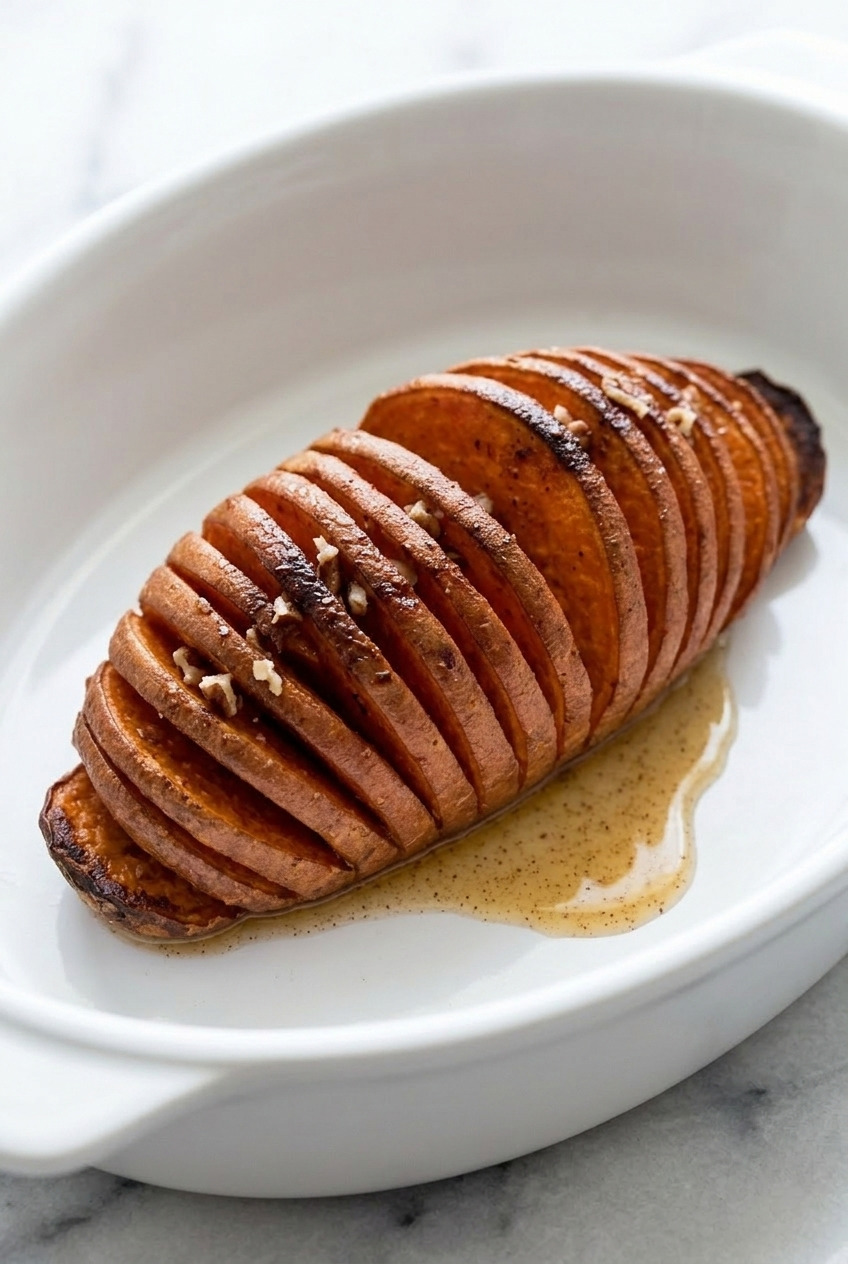 hasselback sweet potatoes with maple cinnamon butter side view