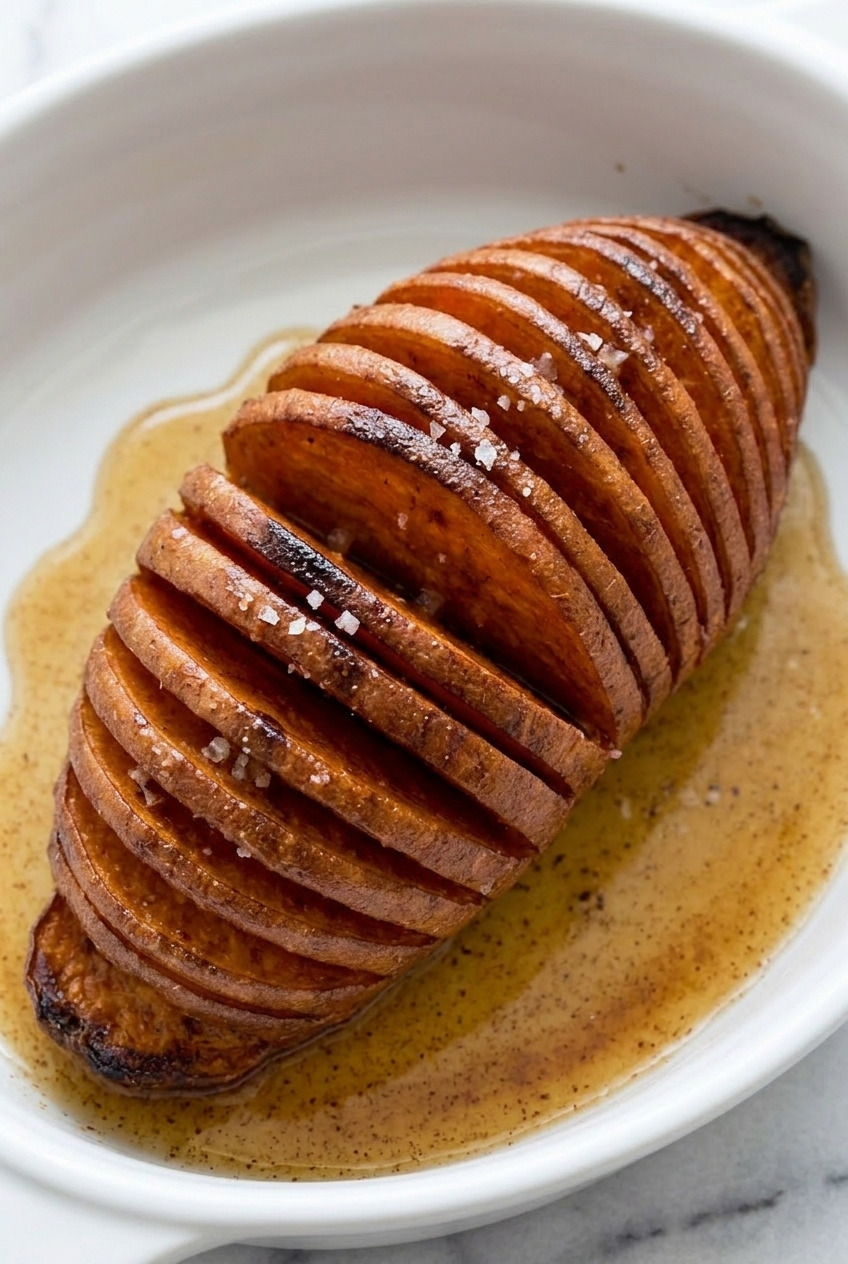 hasselback sweet potatoes with maple cinnamon butter served