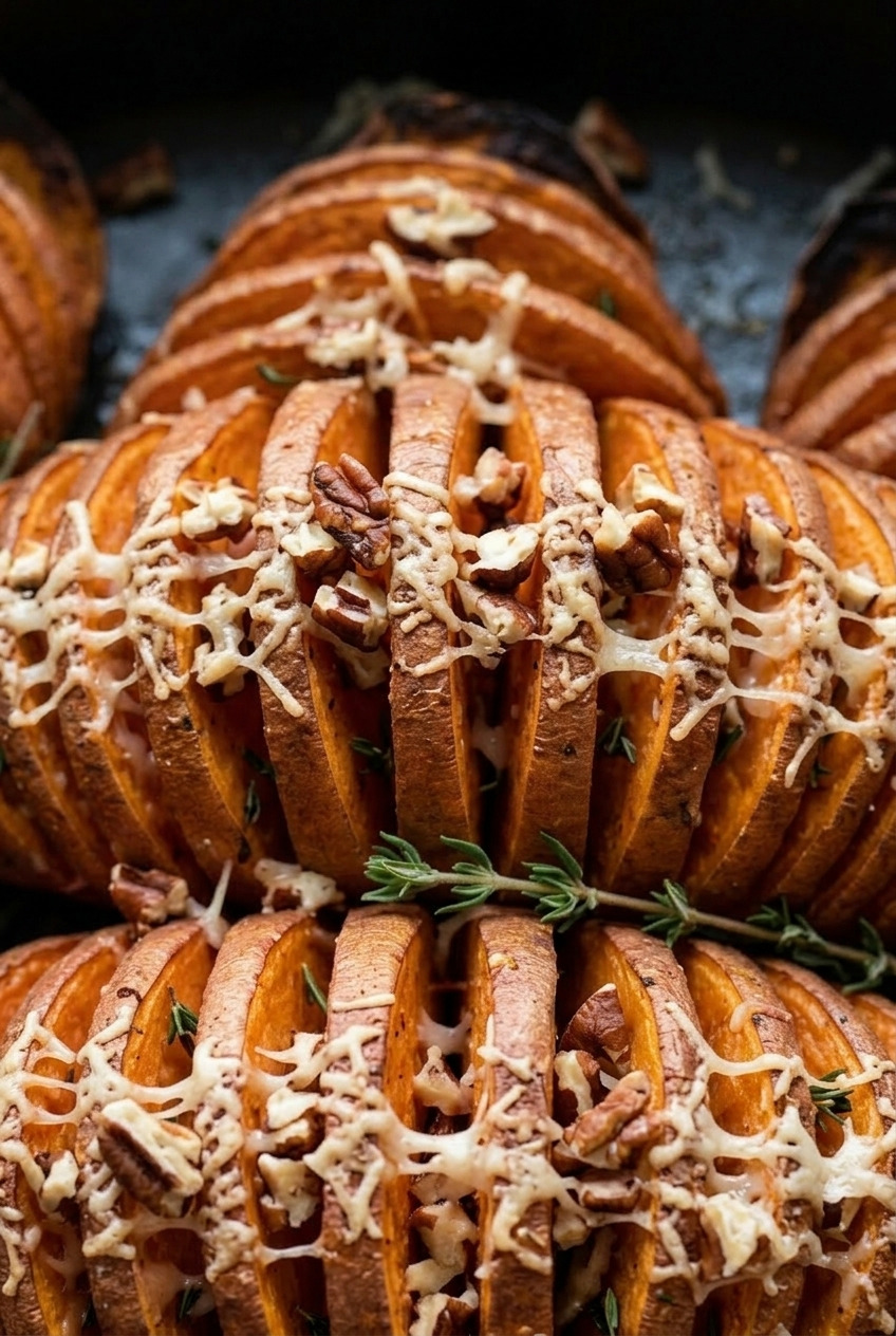 hasselback sweet potatoes with thyme pecans and parmesan close up