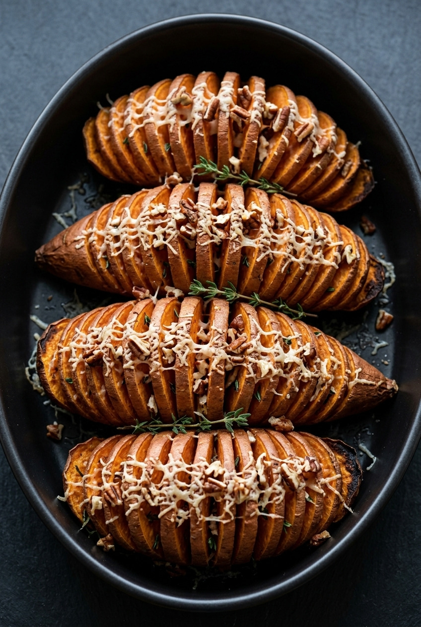 hasselback sweet potatoes with thyme pecans and parmesan
