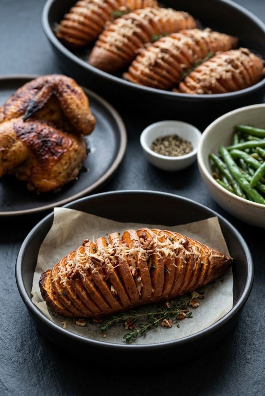 hasselback sweet potatoes with thyme pecans and parmesan complete meal