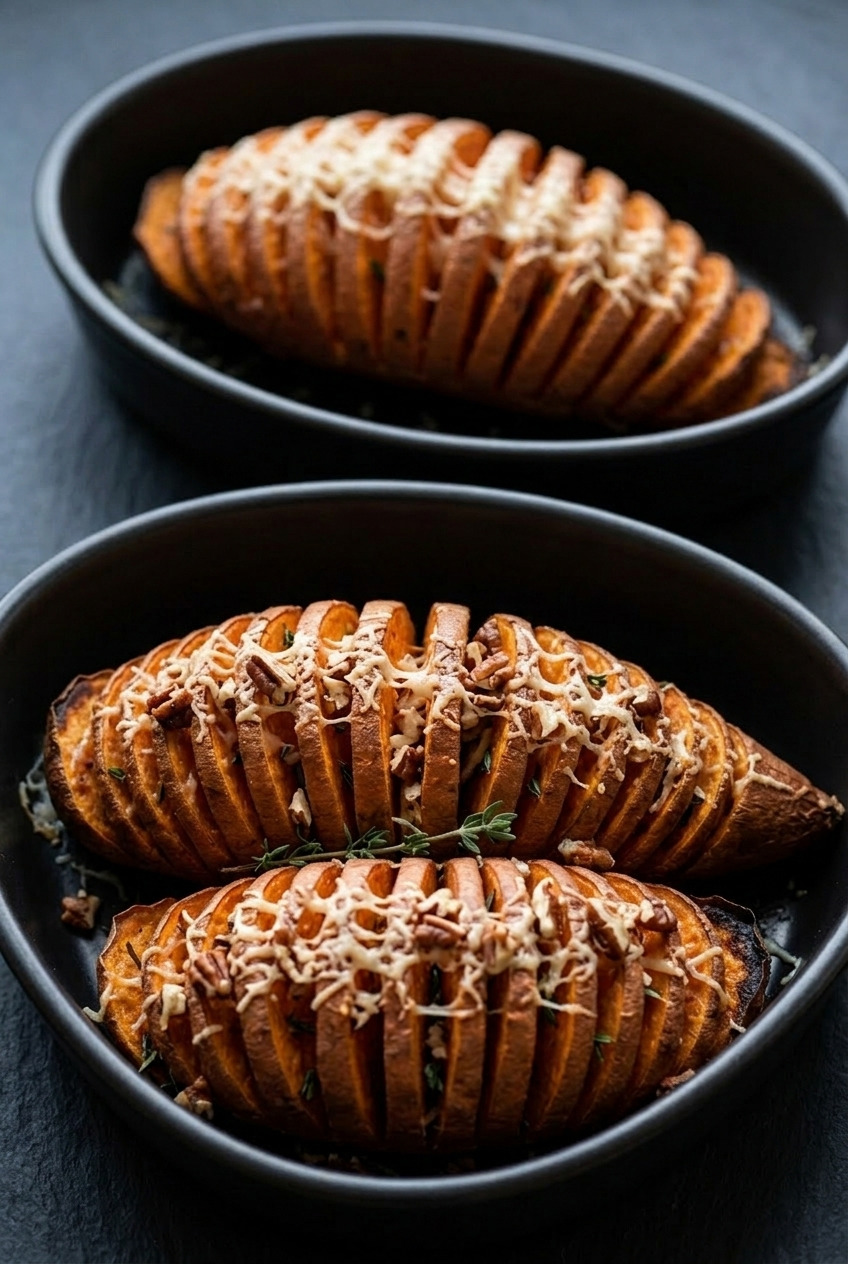 hasselback sweet potatoes with thyme pecans and parmesan dinner scene