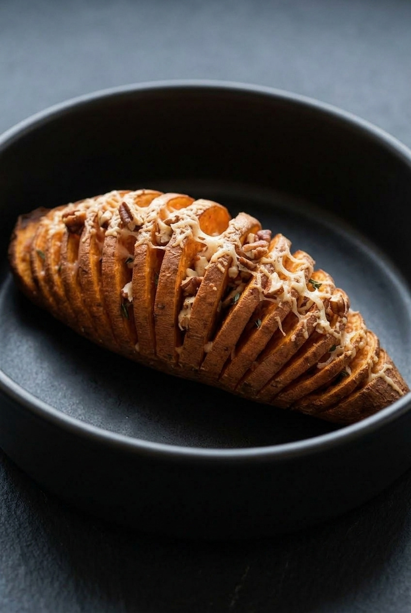 hasselback sweet potatoes with thyme pecans and parmesan side view