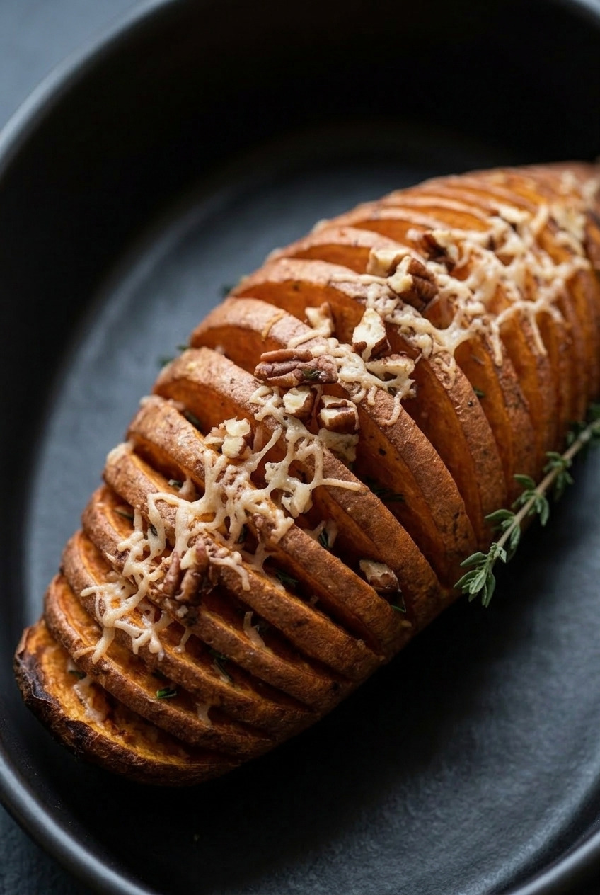 hasselback sweet potatoes with thyme pecans and parmesan served