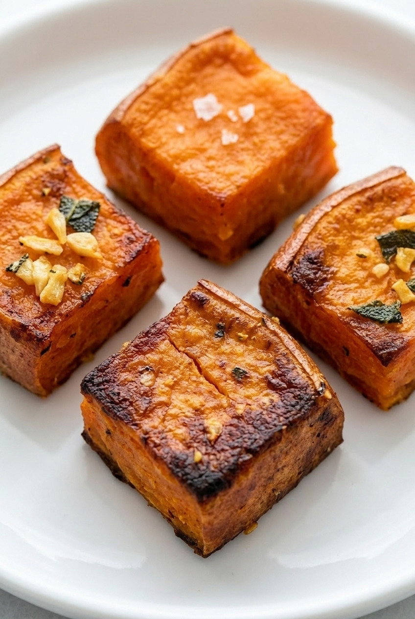 herb roasted sweet potato cubes with garlic and sage close up
