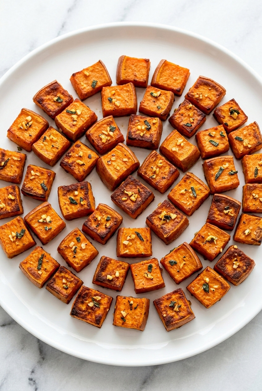 herb roasted sweet potato cubes with garlic and sage